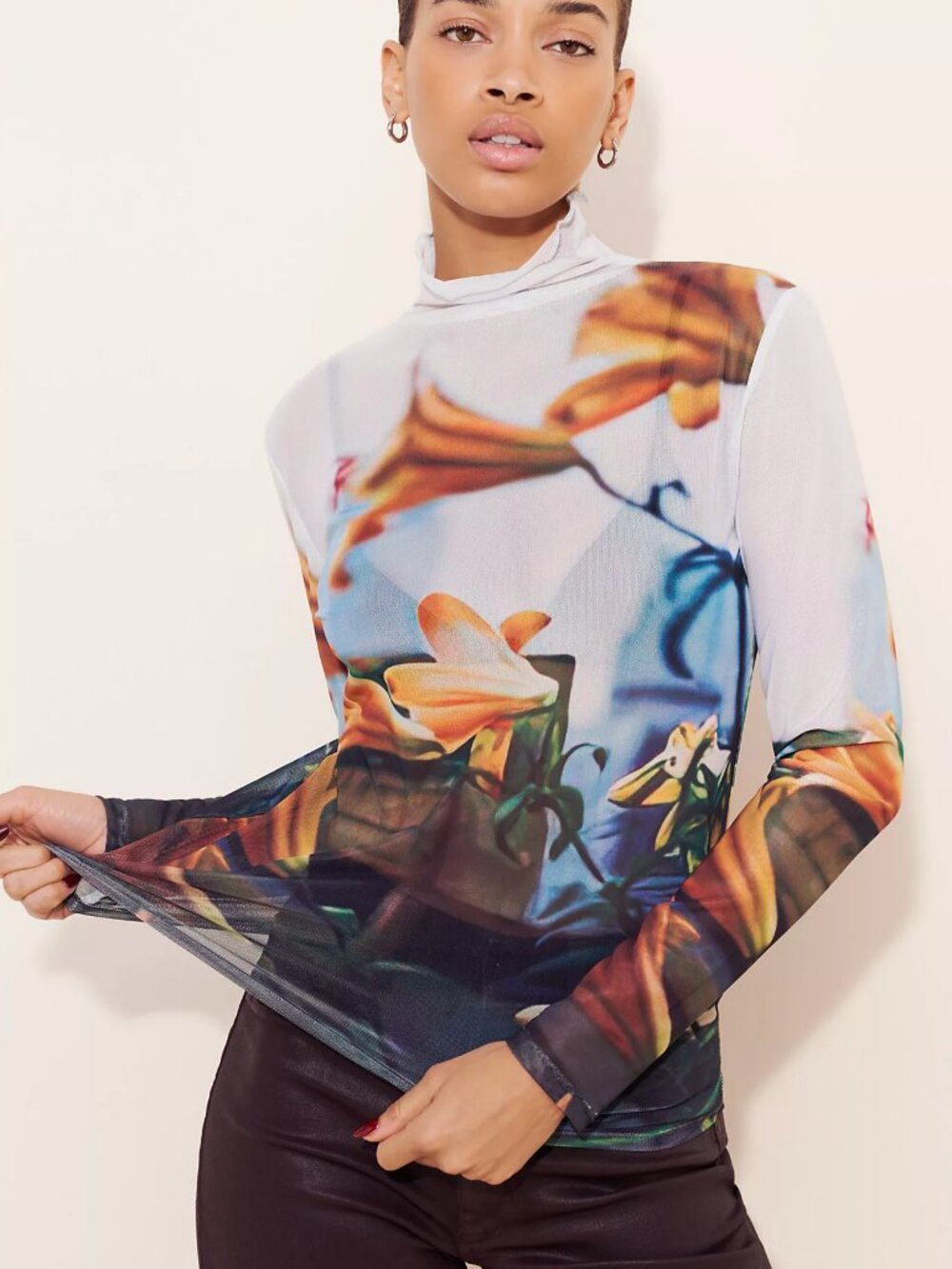 FIND ME NOW Paulie Tiger Lillies Mesh Mock Neck L/S Top Shirt sz XS/S